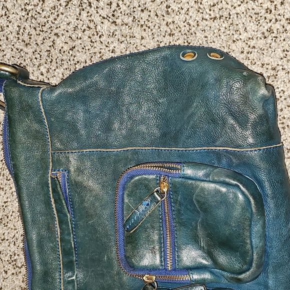 J Crew Stylish Blue Leather Shoulder Bag Utility Vibe Lots Of Pockets - Picture 4 of 11